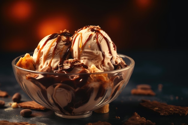 Bowl of ice cream with chocolate on brown background closeup
