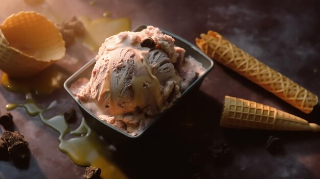 A bowl of ice cream with a chocolate chip cookie on the top