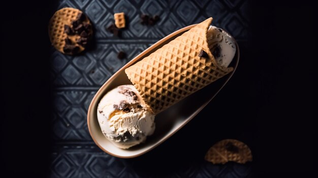 A bowl of ice cream with chocolate chip ice cream on top