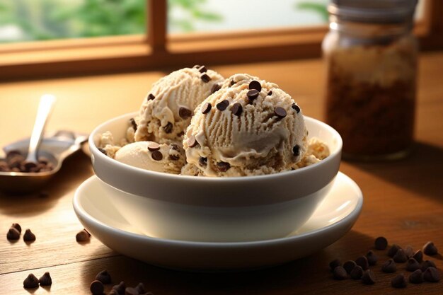 a bowl of ice cream with chocolate chips on it