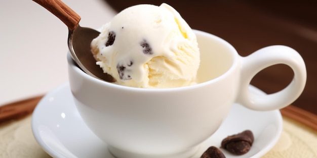 A bowl of ice cream with chocolate chips on it