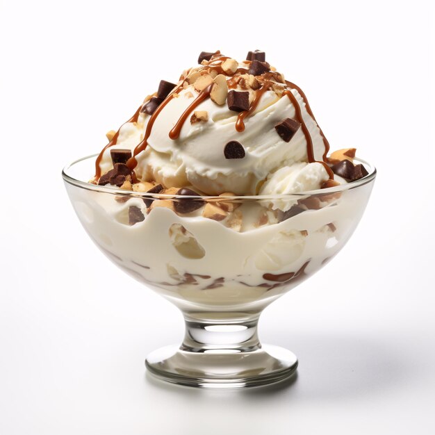 a bowl of ice cream with chocolate and nuts