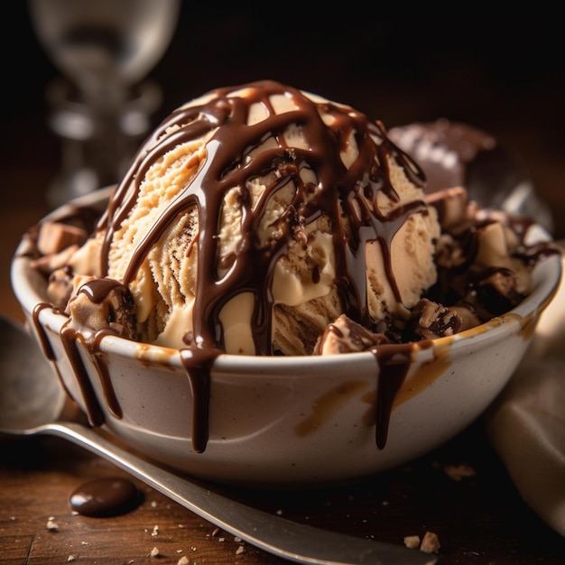 A bowl of ice cream with chocolate sauce drizzled over it.