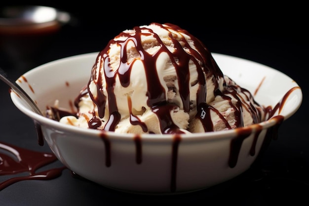 a bowl of ice cream with chocolate sauce on it