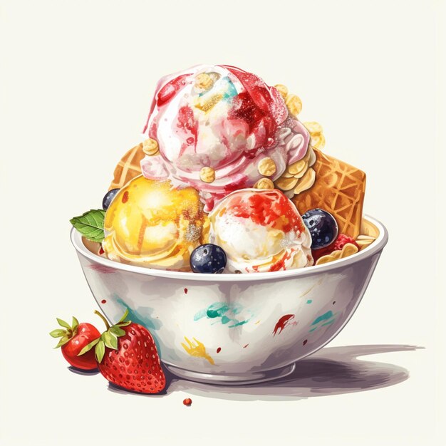 A bowl of ice cream with a colorful bowl of ice cream and berries.