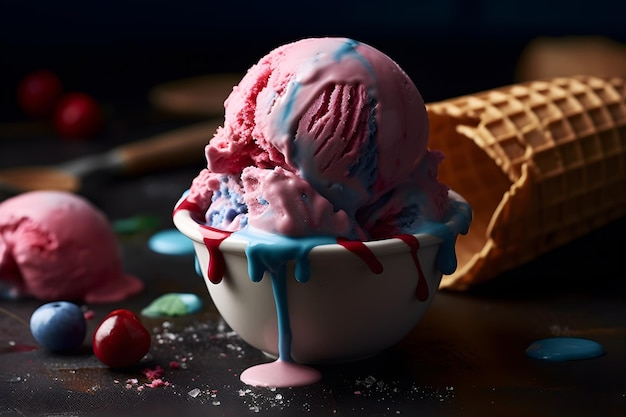 A bowl of ice cream with the colors of the rainbow on it