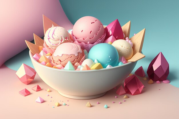 A bowl of ice cream with different colored ice creams on a pink background.