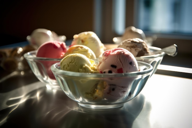 A bowl of ice cream with different flavors in it.