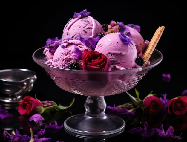 花の入ったアイスクリームのボウルと花のボウル