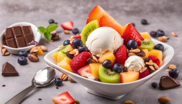 Photo a bowl of ice cream with ice cream and fruit on a table