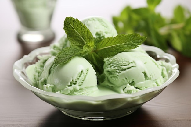 a bowl of ice cream with mint leaves in it.