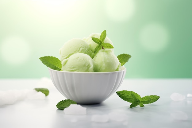 a bowl of ice cream with mint leaves