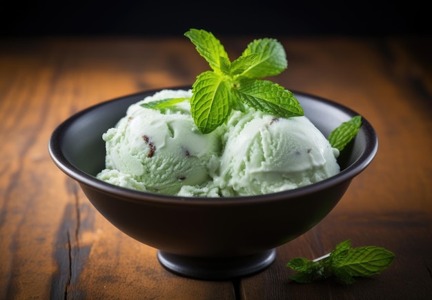 A bowl of ice cream with mint leaves