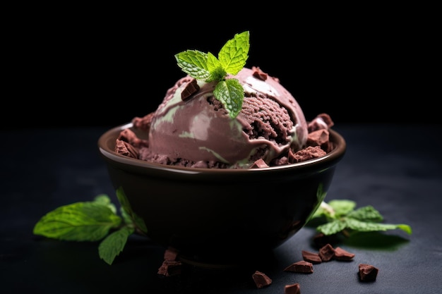 Foto una coppa di gelato con foglie di menta