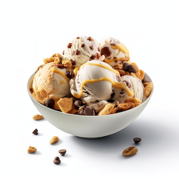 A bowl of ice cream with peanut butter and chocolate chips on top.