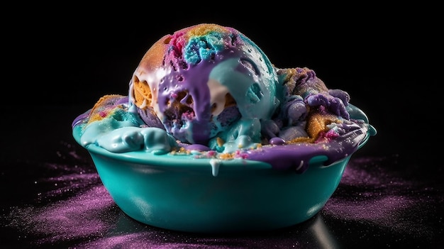 A bowl of ice cream with a rainbow colored ice cream on top.