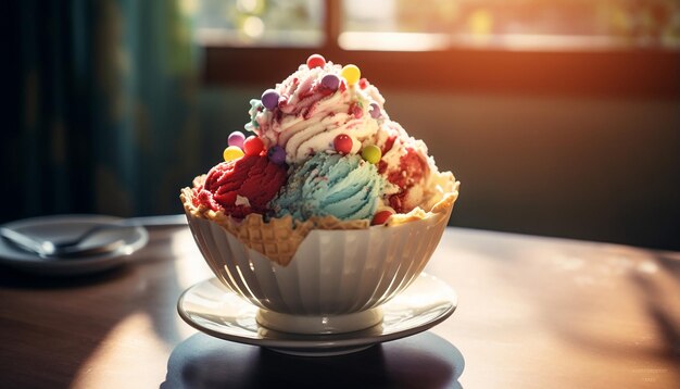 Photo a bowl of ice cream with a rainbow of light vignetting photography