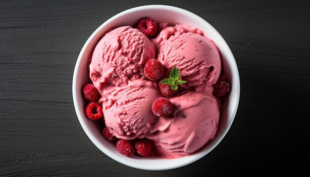 a bowl of ice cream with raspberries and raspberries