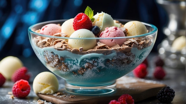 bowl ice cream with raspberry fruits photo