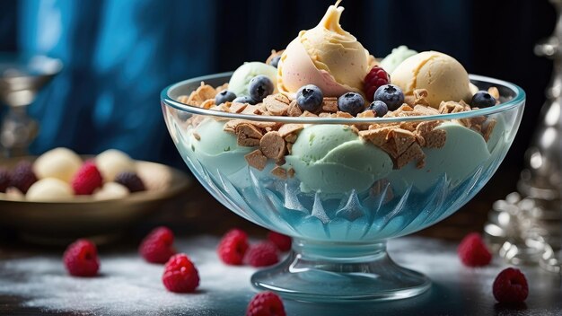 bowl ice cream with raspberry fruits photo