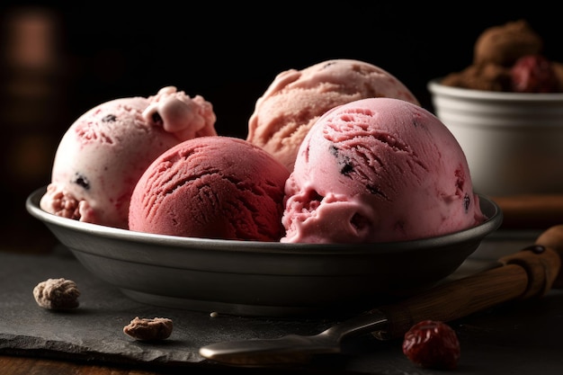 A bowl of ice cream with a spoon and a bowl of nuts on the table.