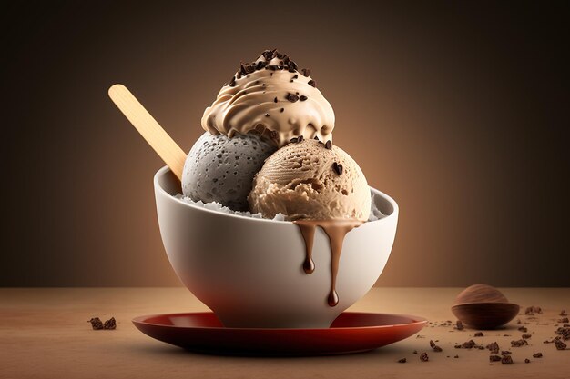 A bowl of ice cream with a spoon and a chocolate chip cookie on top.