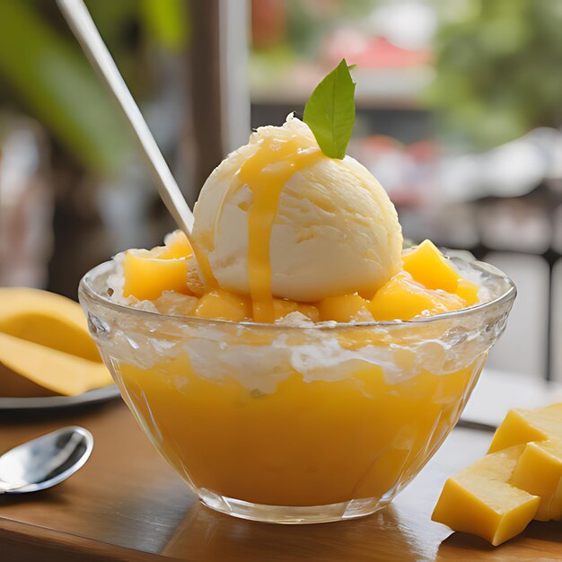 a bowl of ice cream with a spoon and ice cream on it