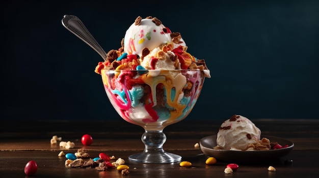 A bowl of ice cream with a spoon next to it and a bowl of ice cream with the word ice cream on it.