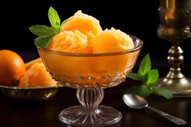 A bowl of ice cream with a spoon and spoons next to it.