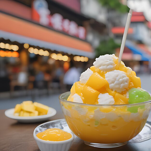 Photo a bowl of ice cream with a stick in it that says  a  on it