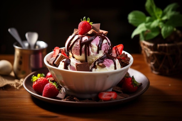 a bowl of ice cream with strawberries and chocolate on top.