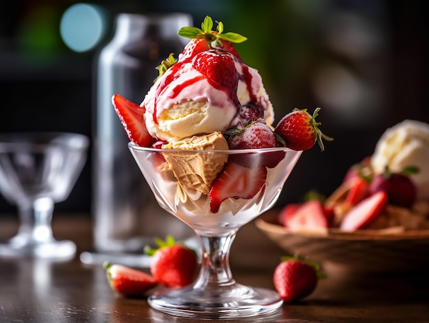 A bowl of ice cream with strawberries on top