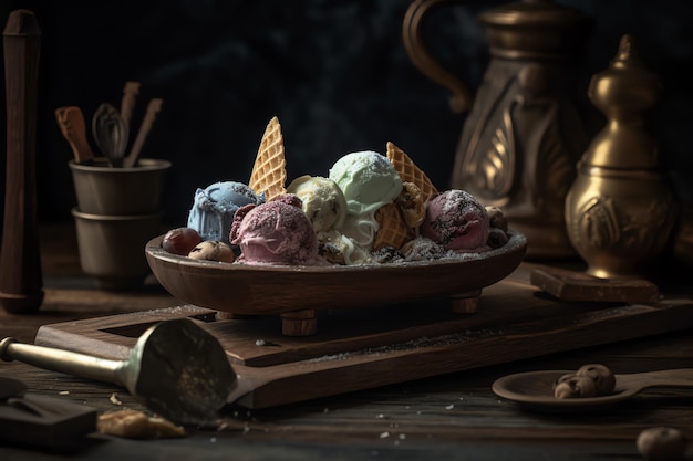 A bowl of ice cream with a teapot in the background