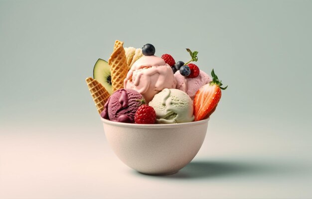 A bowl of ice cream with a variety of berries and ice cream on it.