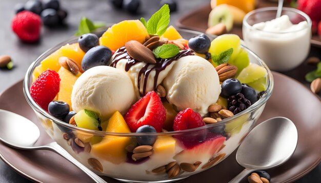 Photo a bowl of ice cream with a variety of fruit and nuts