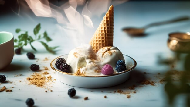 A bowl of ice cream with a waffle cone on top