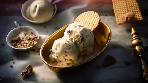 A bowl of ice cream with a waffle on the top and a chocolate chip cookie on the top