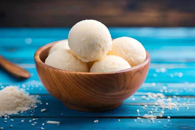 A bowl of ice cream with a wooden bowl of ice cream