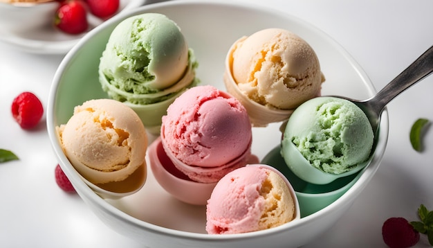 a bowl of ice creams with different colors of ice cream