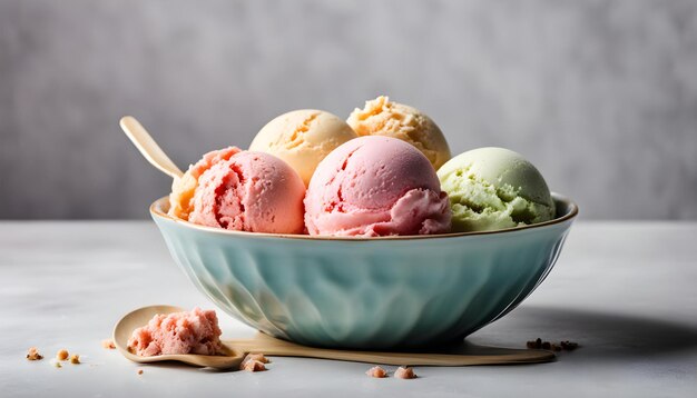 a bowl of ice creams with a spoon in it