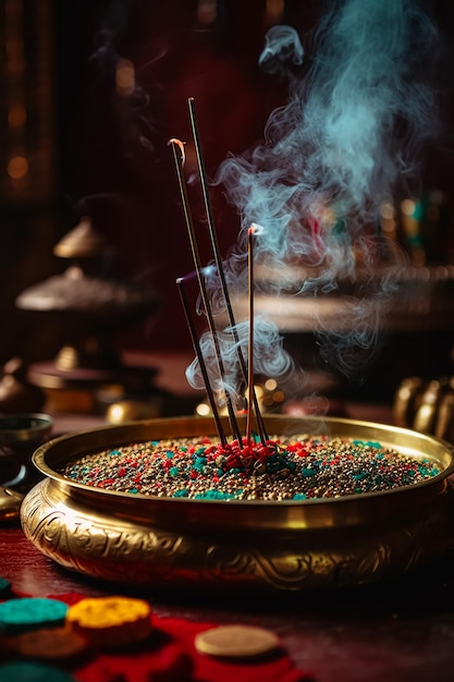 A bowl of incense with smoke coming out of it