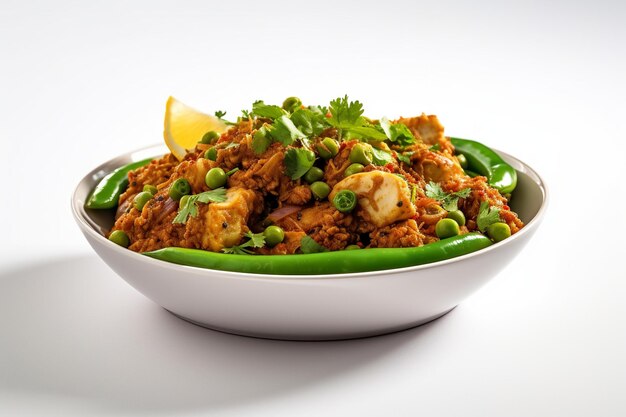 A bowl of indian food with a lemon wedge on the side