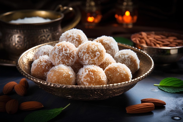 bowl of indian sweet descicated coconut laddus