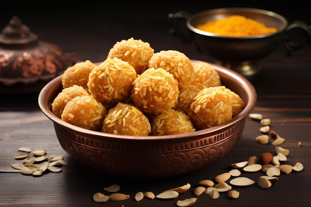 bowl of indian sweet yellow laddus