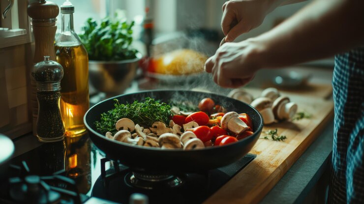 Photo bowl ingredients and mushroom in kitchen for cooking food or nutrition for dinner in apartment meal prep diet and herbs for health wellness or vegan choice for lunch by stove with person in home