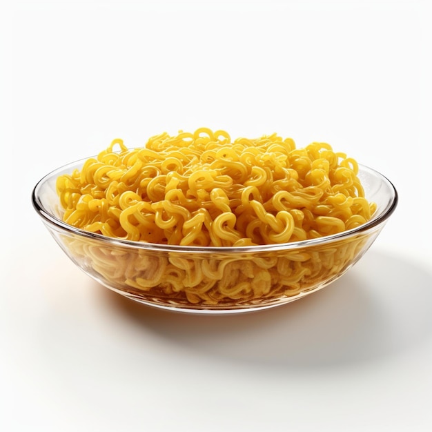 A bowl of instant noodles is on a white surface.