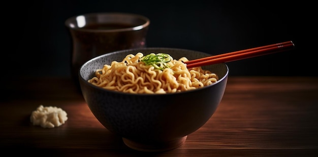 A bowl of instant noodles with chopsticks on a table.