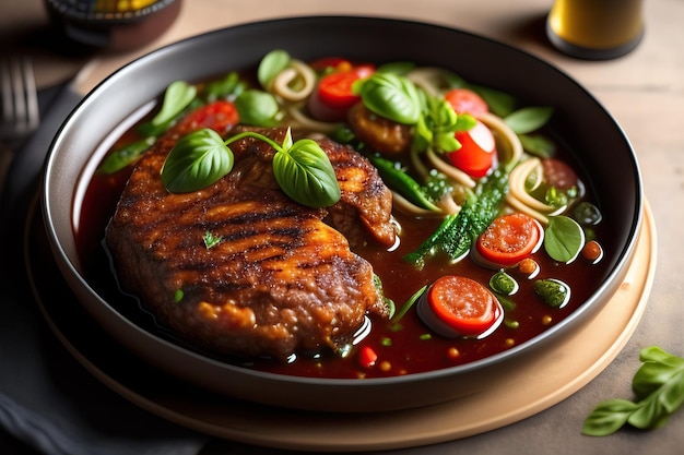 A bowl of Italian Ossobuco with meat vegetables and basil leaves on top