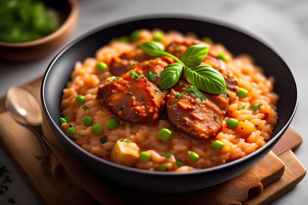 A bowl of italian risotto with sausage and peas