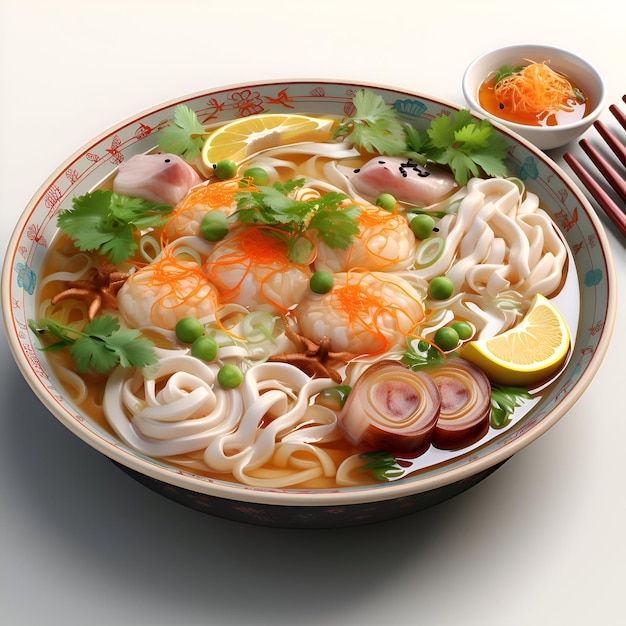 миска японского лапшиного супа с креветками и овощами на белом фоне